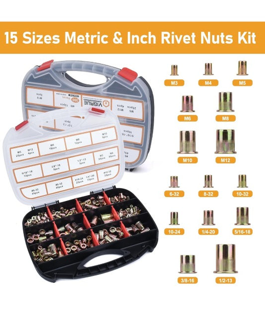 Vigrue 300-Piece Rivet Nut Assortment Kit - 15 Metric & SAE Inch Sizes