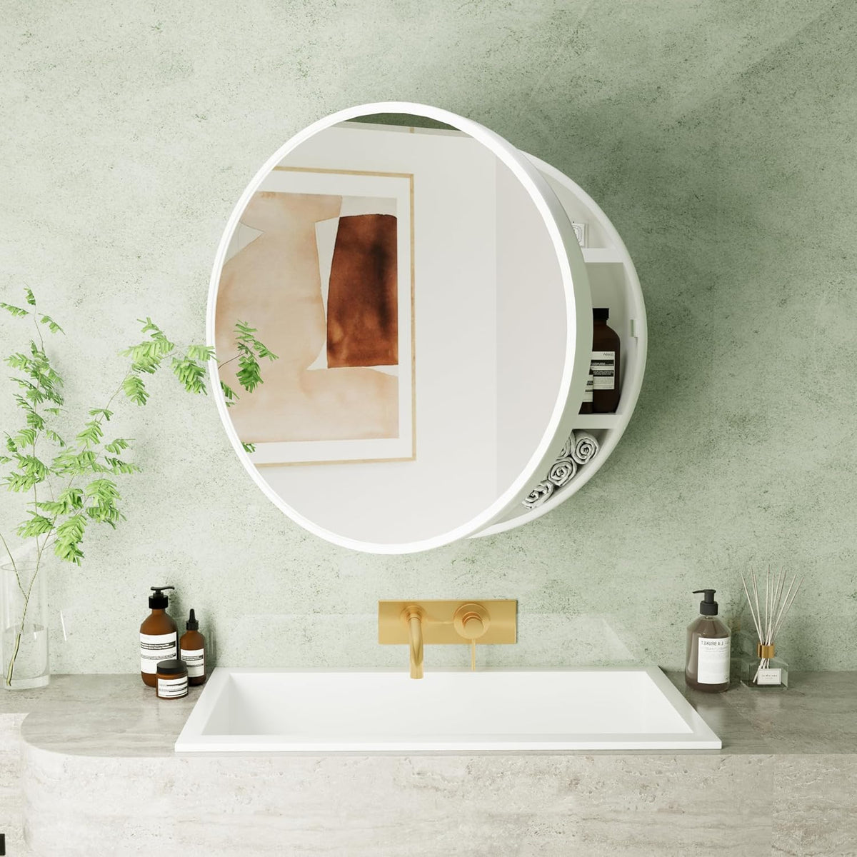 Chilihom Round White Medicine Cabinet Mirror with Internal Storage Shelf