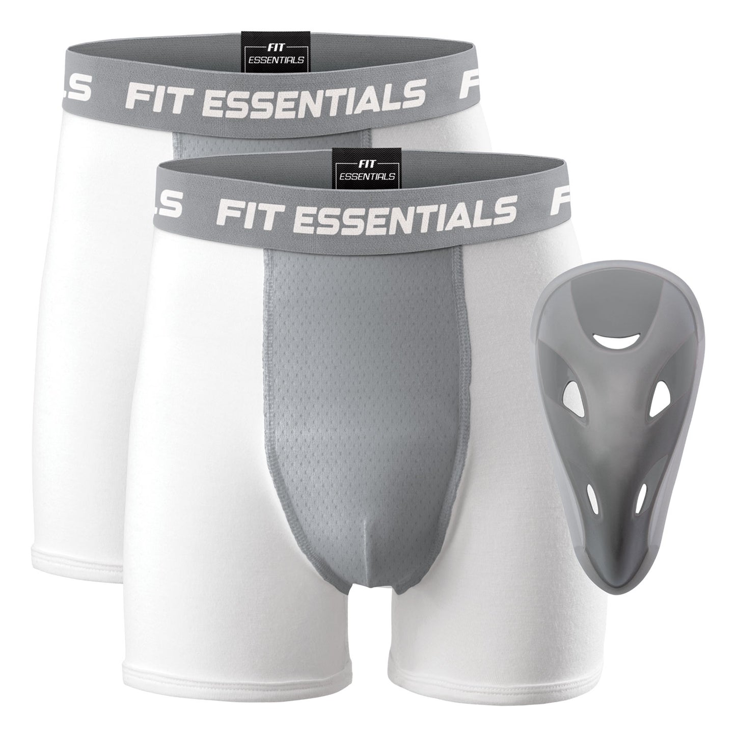 Fit Essentials Adult Performance Boxer Briefs with Athletic Cup, 2-Pack - White/Gray, Small
