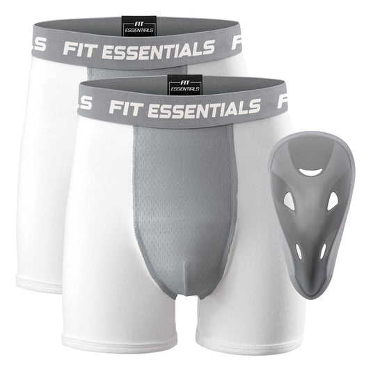 Fit Essentials Adult Performance Boxer Briefs with Athletic Cup, 2-Pack - White/Gray, Small