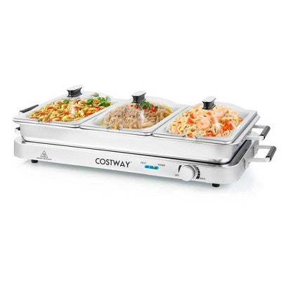 Costway 450W Stainless Steel 3-Section Buffet Server & Electric Warming Tray