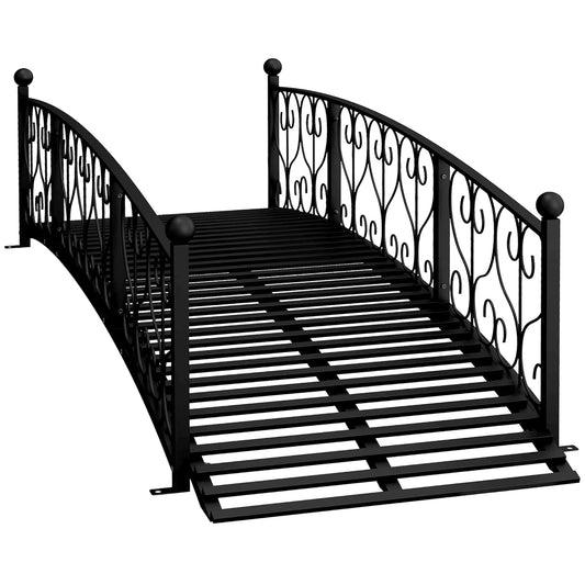 7' Metal Garden Bridge with Decorative Scrollwork and Safety Rails, Black