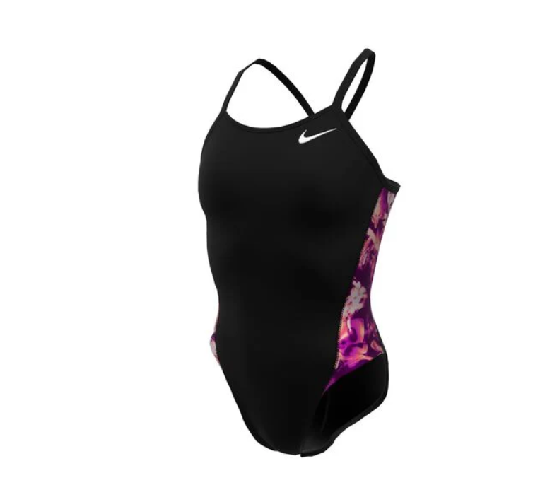 Nike Hydrastrong Multi Print Racerback One-Piece Swimsuit - Black/Pink, Size 34