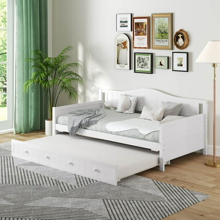 Costway Twin Size Solid Wood Daybed with Pull-Out Trundle - White