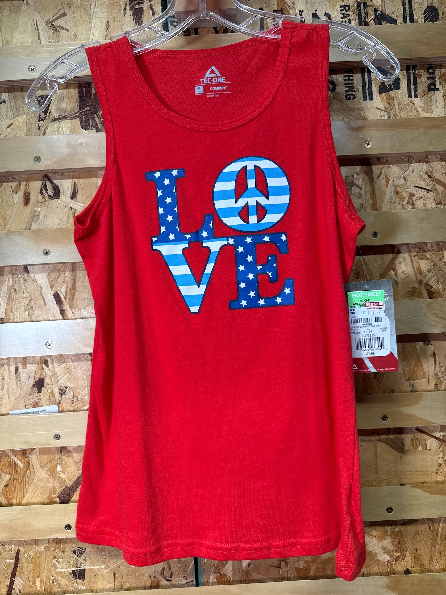 TEC-ONE Girls' Fourth of July Patriotic LOVE Tank Top, Red - XL (16)