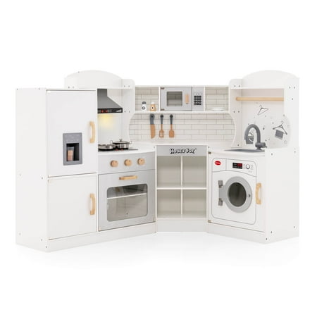 Costway Kids Corner Wooden Play Kitchen Set with Range Hood & Ice Maker - White