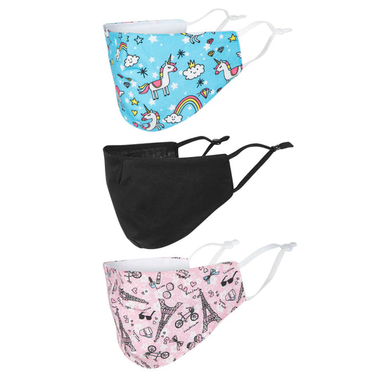 3-Pack Triple-Layer Printed Cotton Face Masks - Adjustable One Size