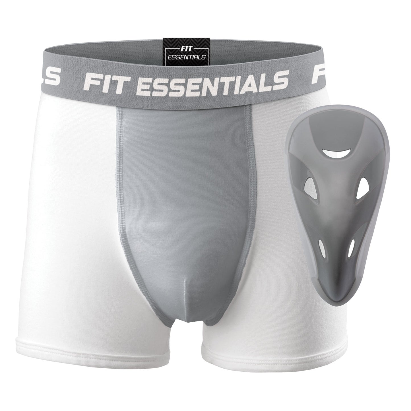 Fit Essentials Kids' Athletic Boxer Brief with Protective Cup - Youth Small, White/Gray