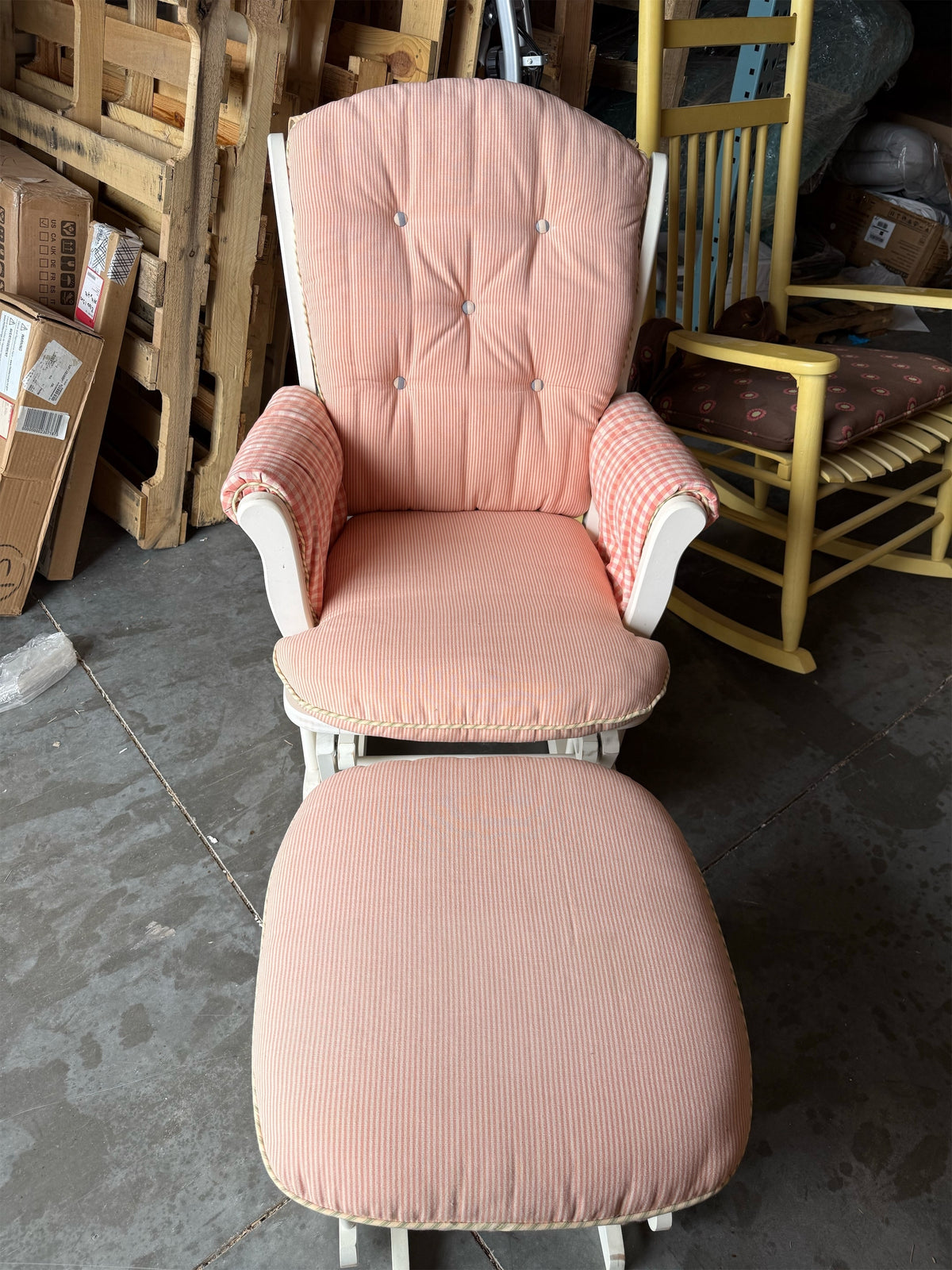 Cozy Pink & White Striped Glider Rocking Chair with Matching Ottoman