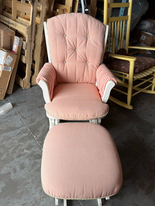 Cozy Pink & White Striped Glider Rocking Chair with Matching Ottoman