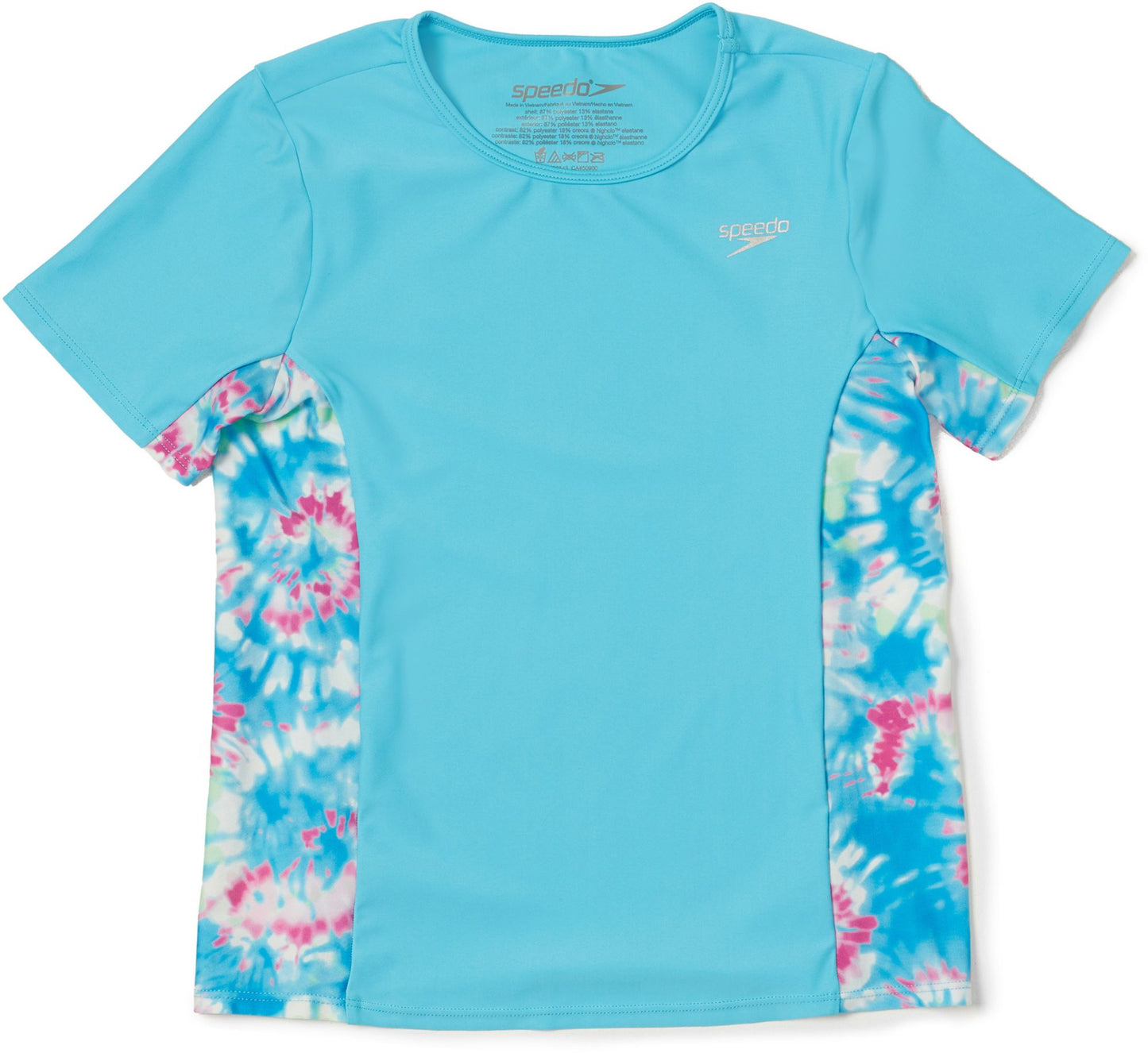 Speedo Little Kids' Printed Splice Short Sleeve Rash Guard - Blue Atoll, XL