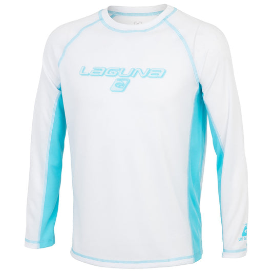 Laguna Boys' Surf Beat Long-Sleeve Rash Guard Swim Tee - White/Blue, Size M (10/12)
