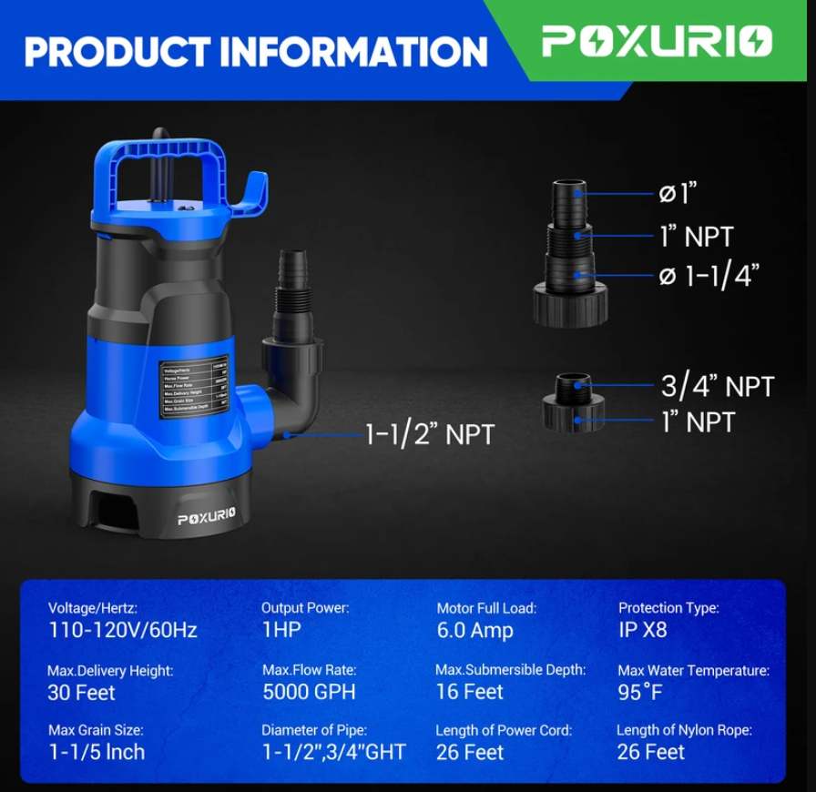 POXURIO 1HP Submersible Sump Pump - 5000 GPH Utility Drain Pump with 16ft Cord