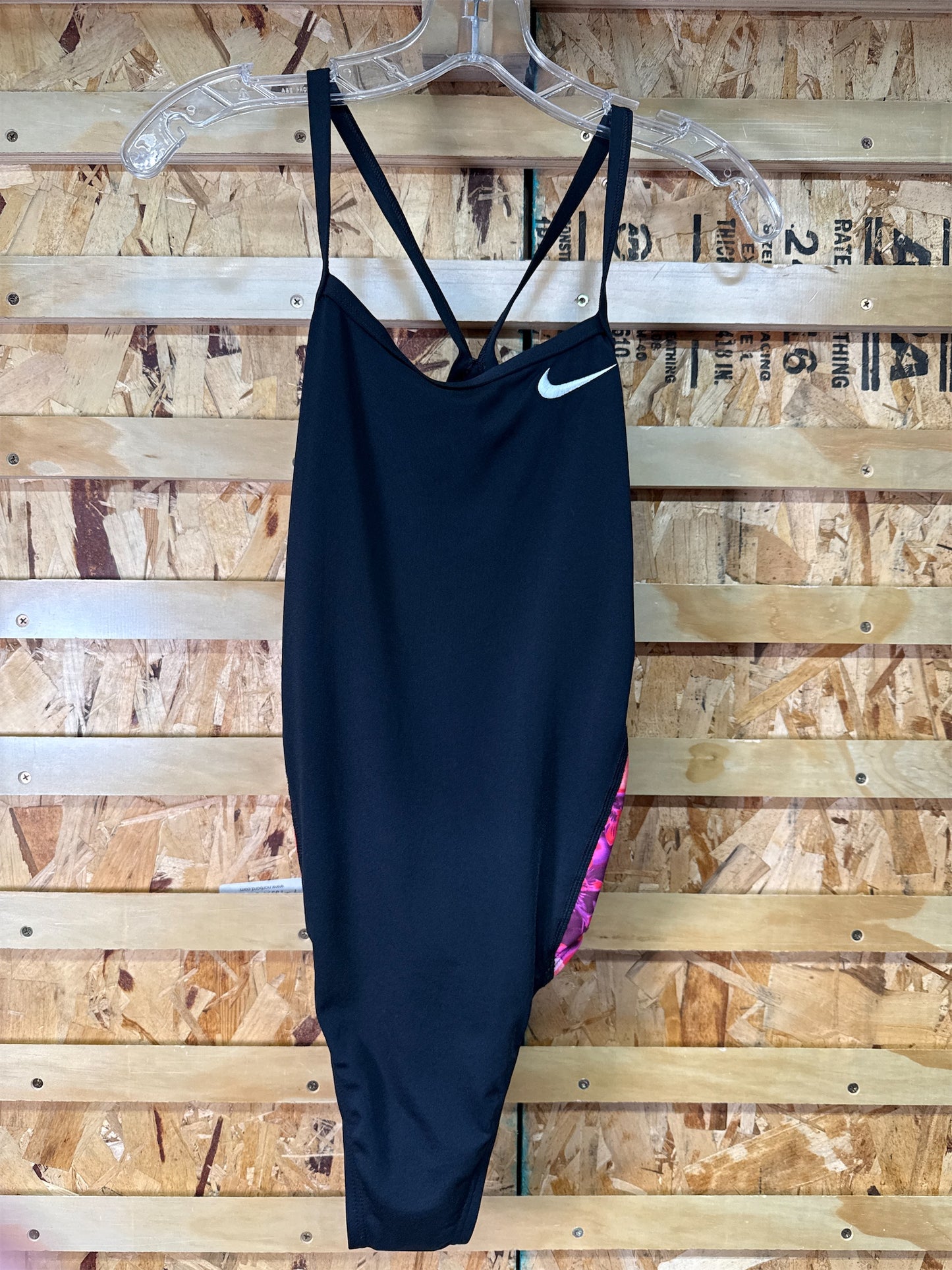 Nike Hydrastrong Multi Print Racerback One-Piece Swimsuit - Black/Pink, Size 34