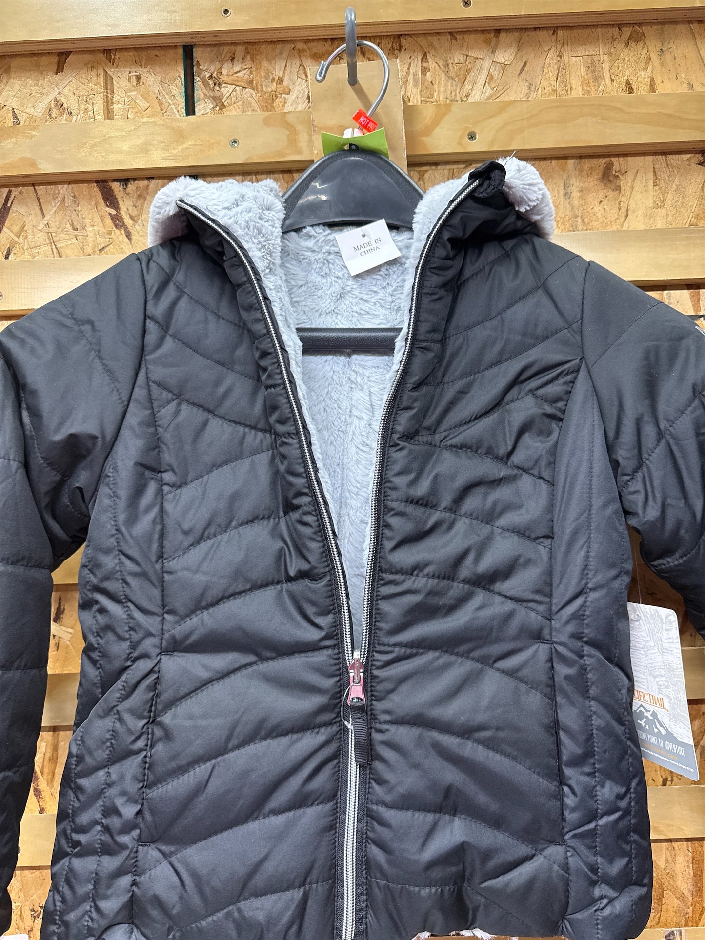 Pacific Trail Girls' Reversible Faux Fur Hooded Puffer Jacket - Black, Size 7/8