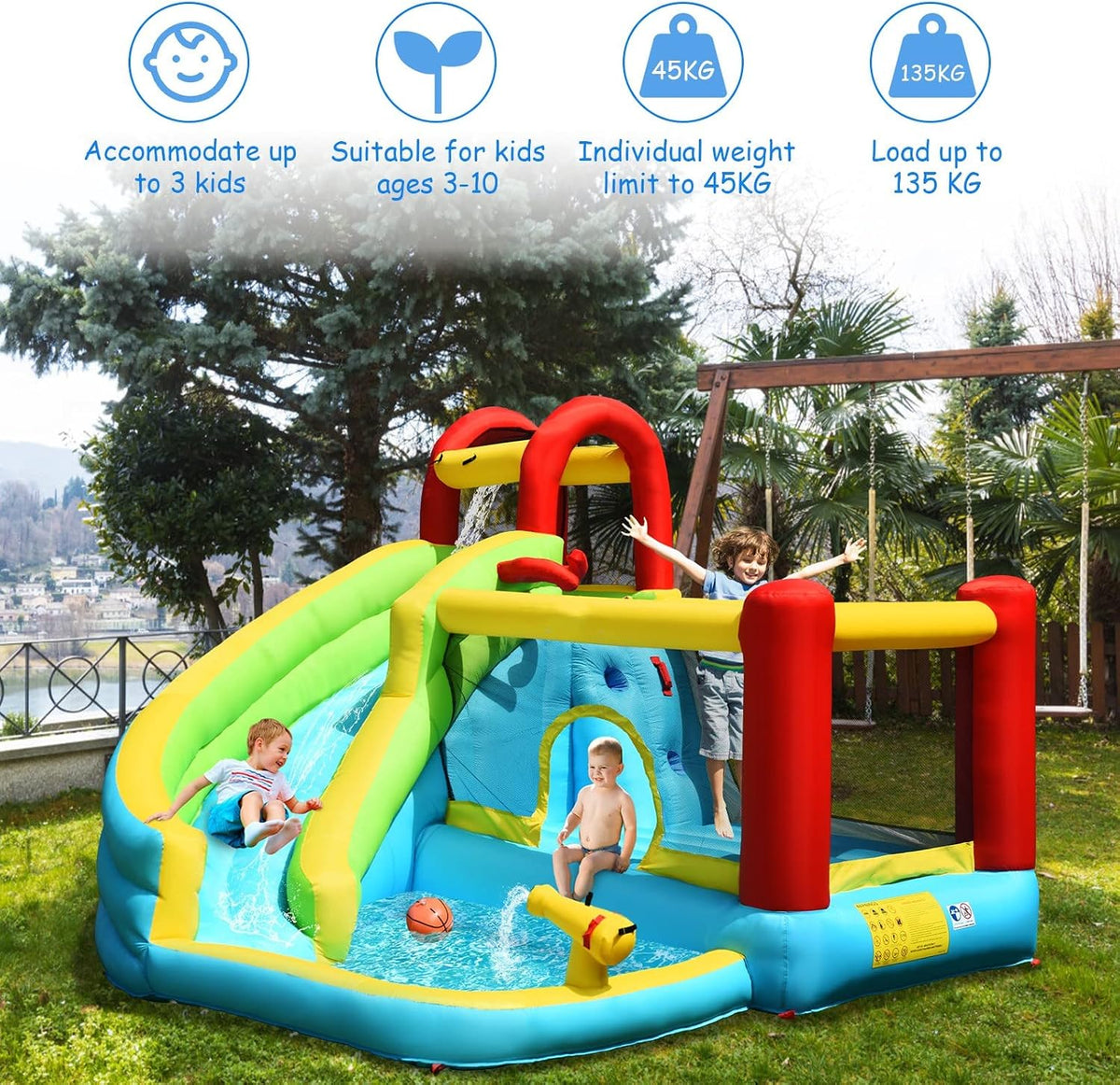 KOTEK Inflatable Water Slide & Bouncy Castle for Kids - Splash Pool & Climbing Wall (Blower Not Included)
