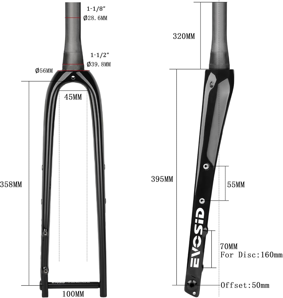 Evosid Carbon Fiber Rigid Fork - 700c Gravel Bike Fork, Disc Brake, 28.6mm
