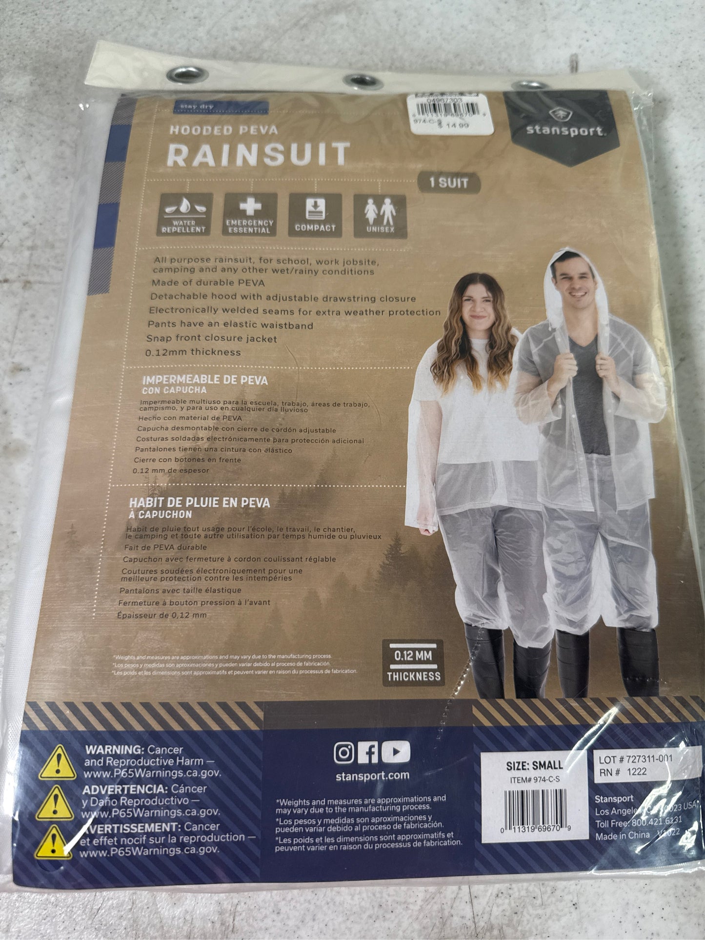 Stansport Adult 2-Piece Hooded PEVA Rain Suit - Clear, Small