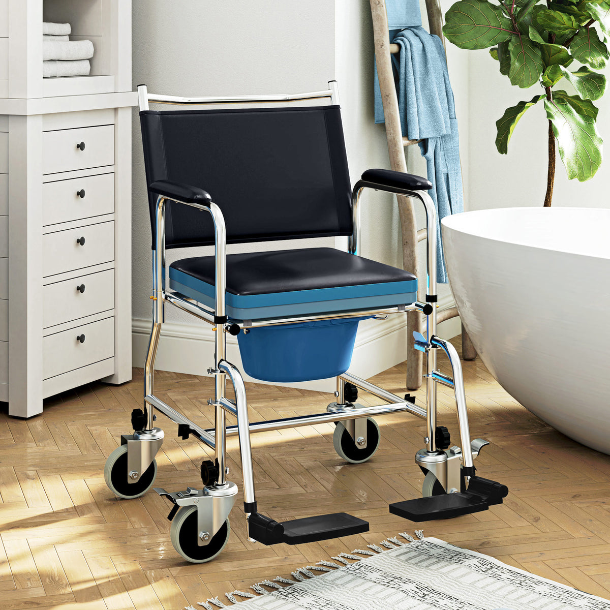 Homcom Rolling Shower Chair and Bedside Commode Wheelchair with Locking Wheels - Black