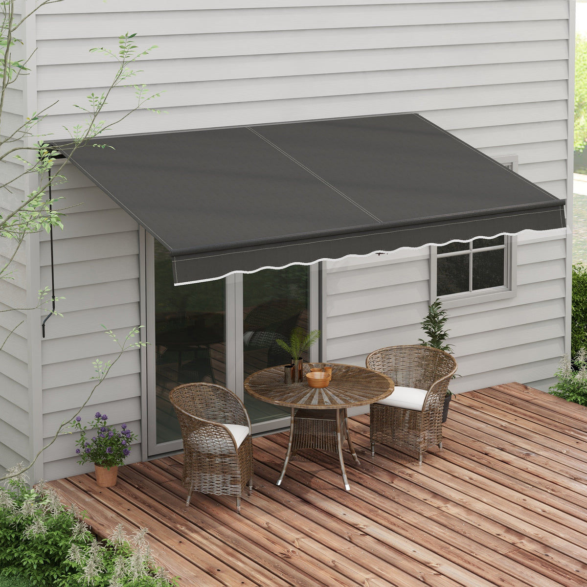 Outsunny 12' x 10' Retractable Manual Awning - UV Resistant Dark Gray Sunshade