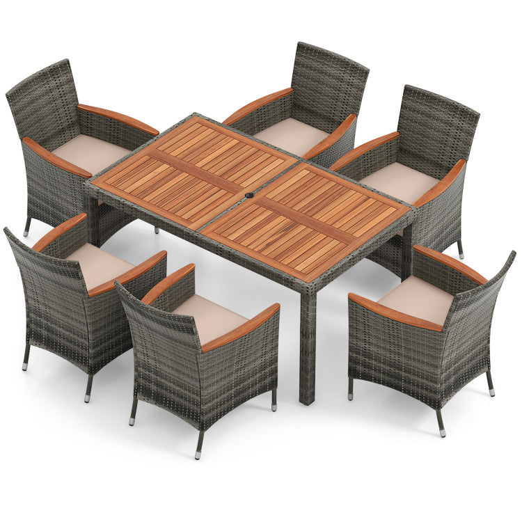 Costway Patio Acacia Wood & PE Rattan Wicker Dining Table with Umbrella Hole