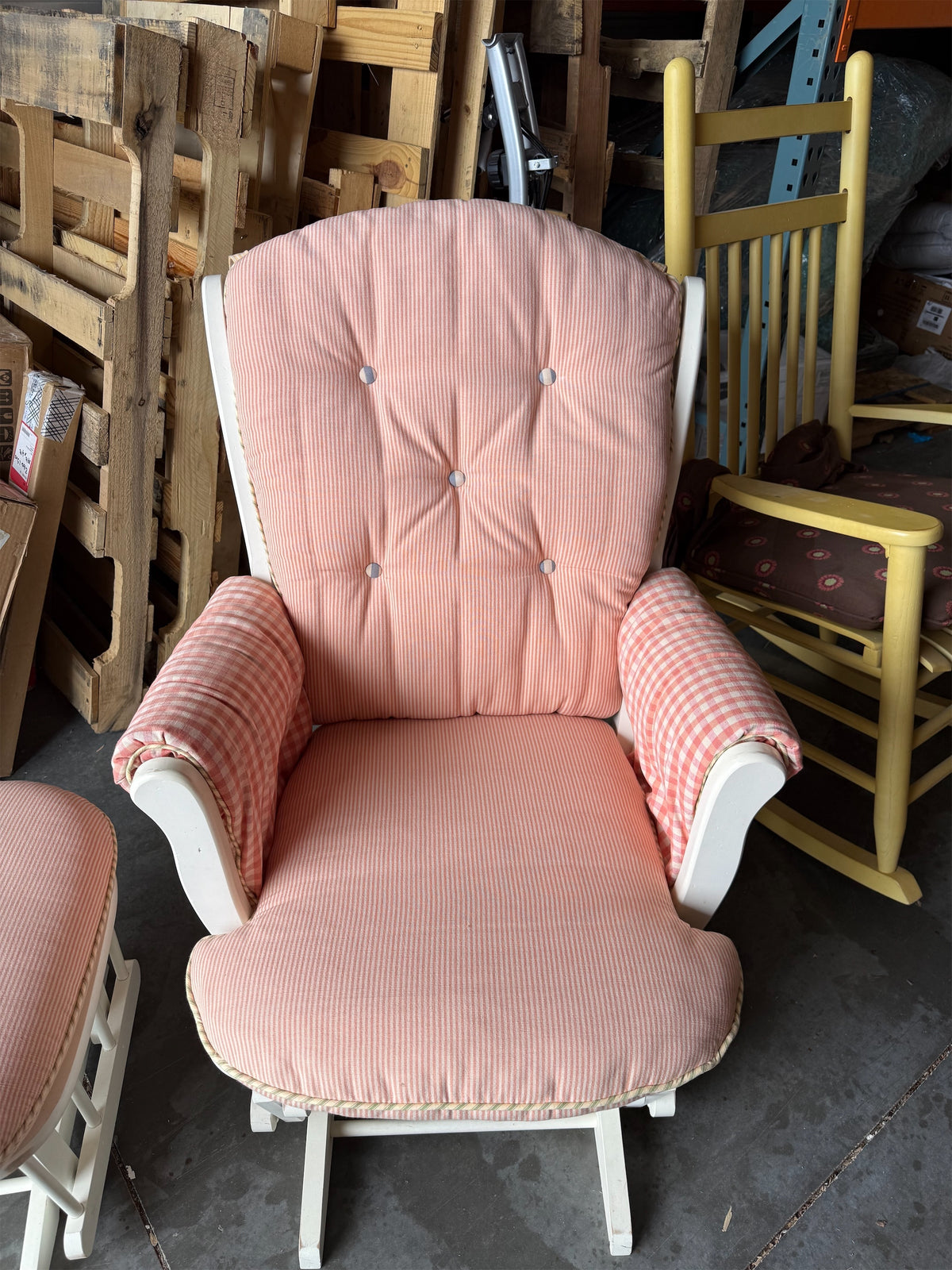 Cozy Pink & White Striped Glider Rocking Chair with Matching Ottoman