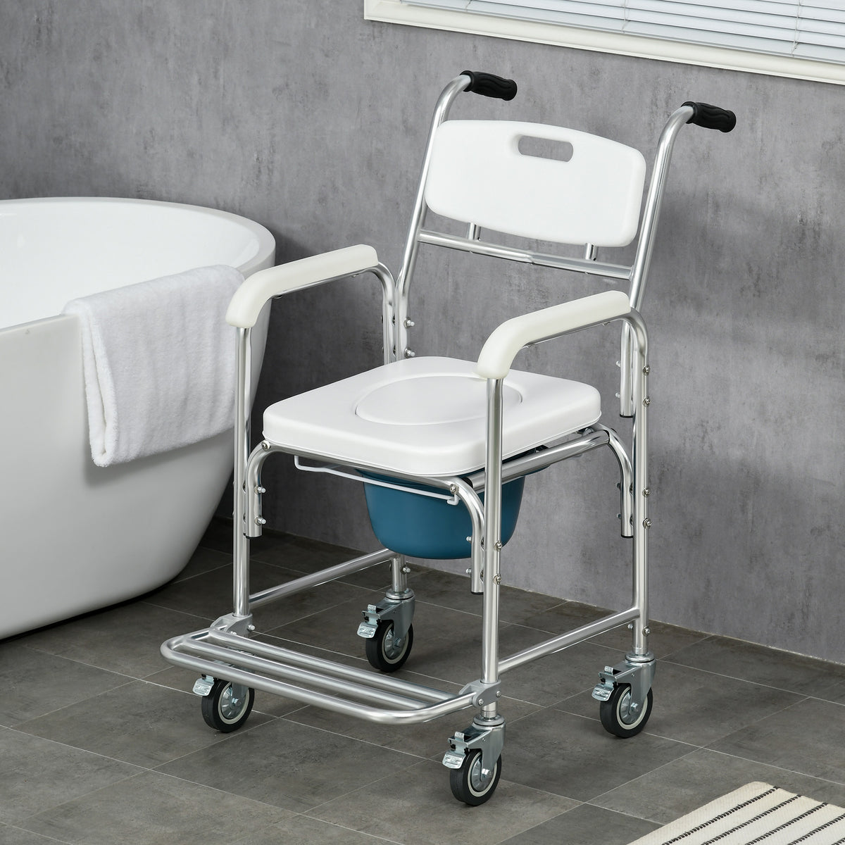 HOMCOM 3-in-1 Shower Commode Wheelchair with Locking Wheels and Footrest