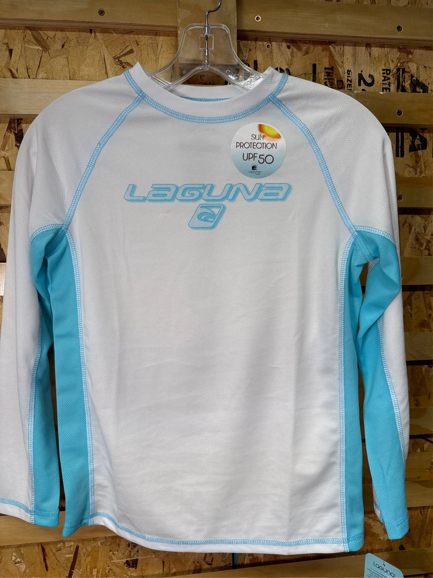 Laguna Boys' Surf Beat Long-Sleeve Rash Guard Swim Tee - White/Blue, Size M (10/12)