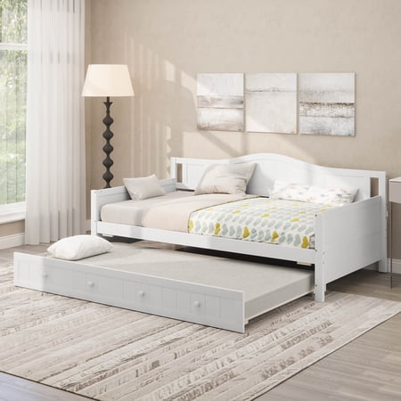 Costway Twin Size Solid Wood Daybed with Pull-Out Trundle - White