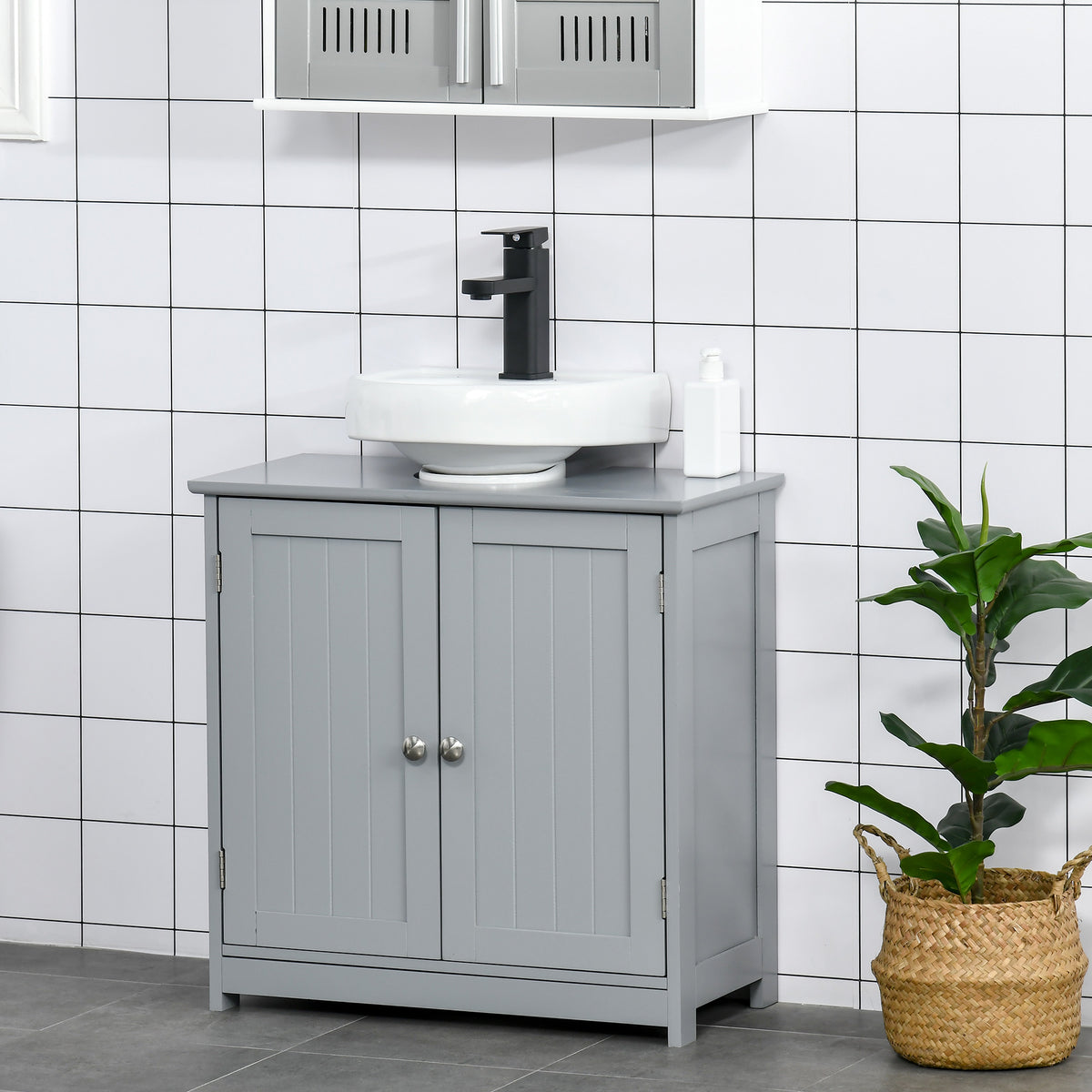 Kleankin Gray Bathroom Vanity Cabinet with U-Shape Cut-Out and Adjustable Shelf