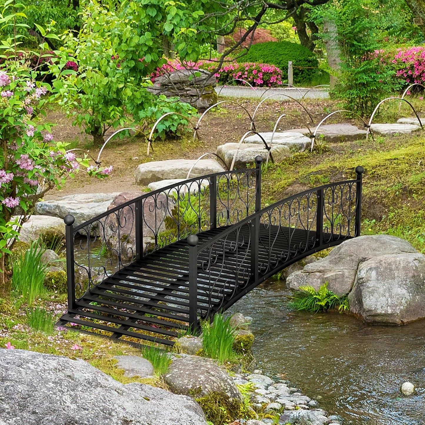 7' Metal Garden Bridge with Decorative Scrollwork and Safety Rails, Black