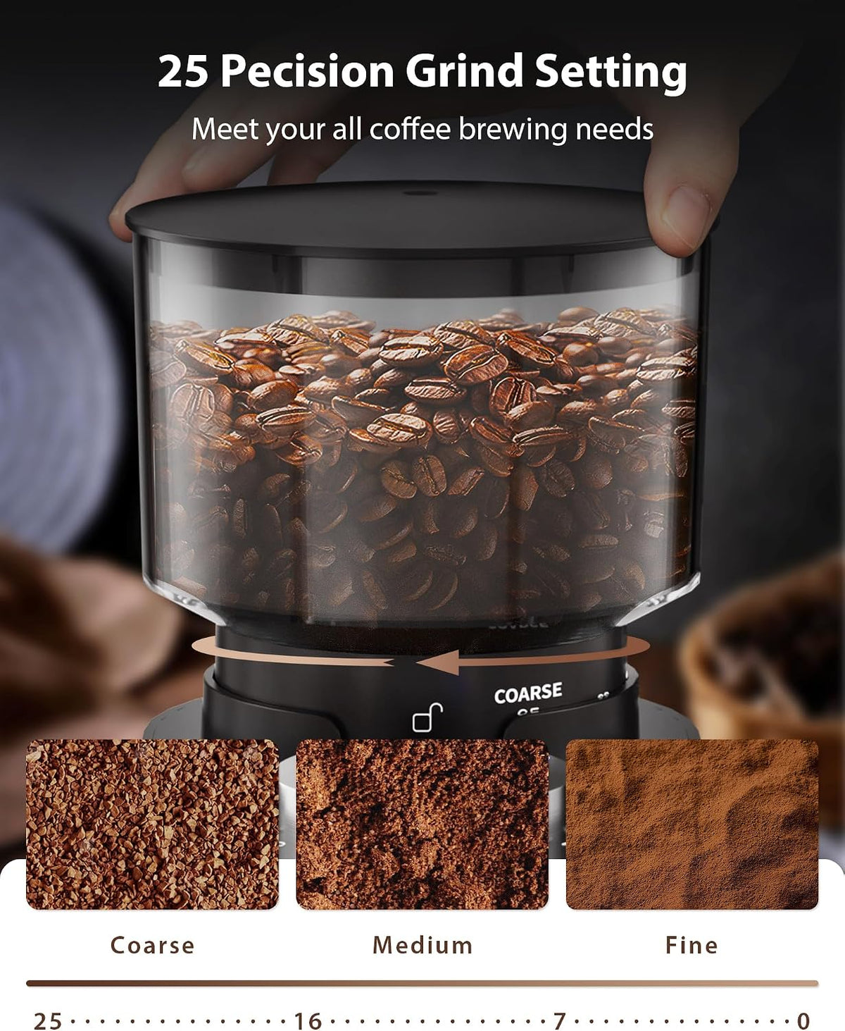 Aromaster Burr Coffee Grinder with 25 Grind Settings, Black