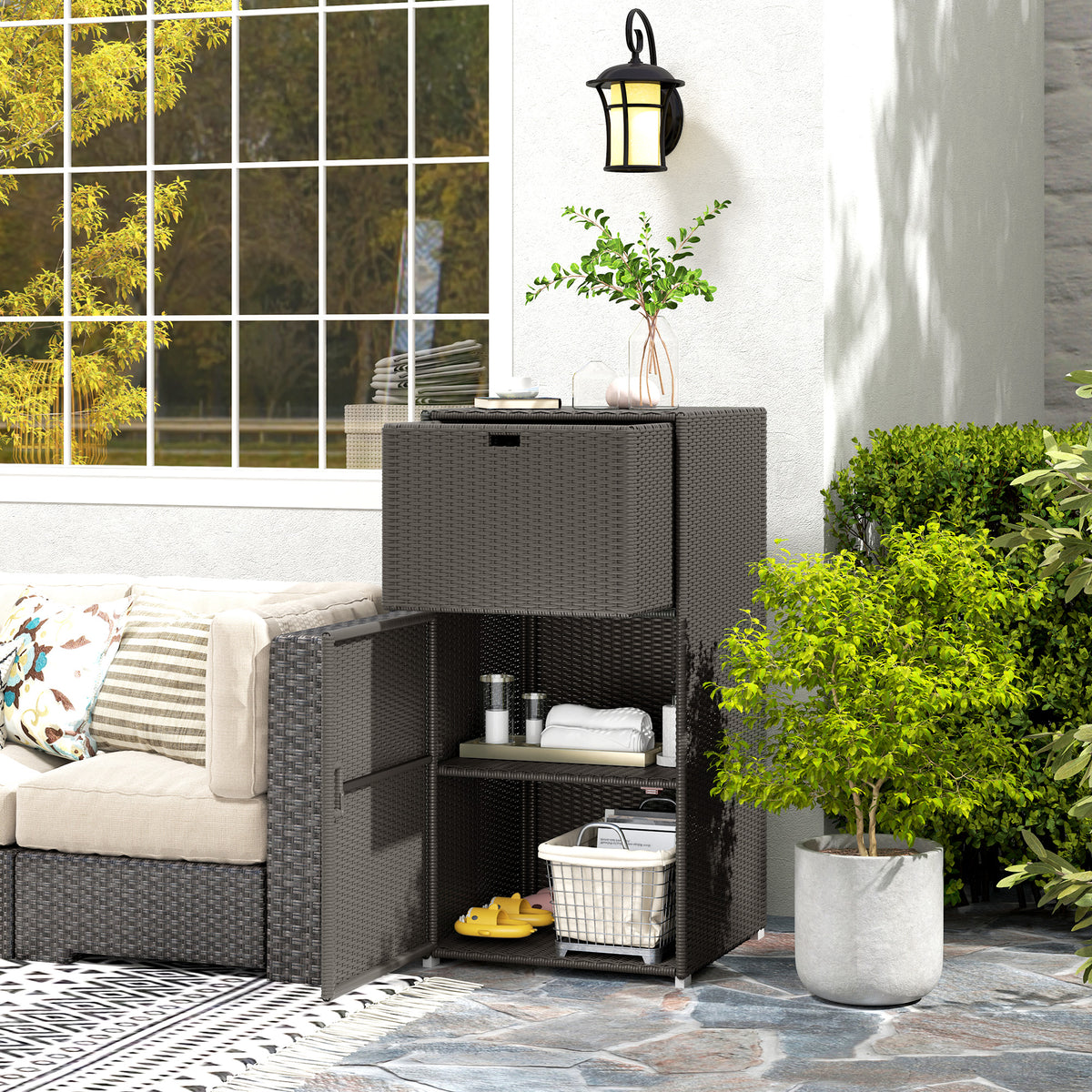 Outsunny Wicker Outdoor Towel Rack and Poolside Storage Cabinet - Dark Brown