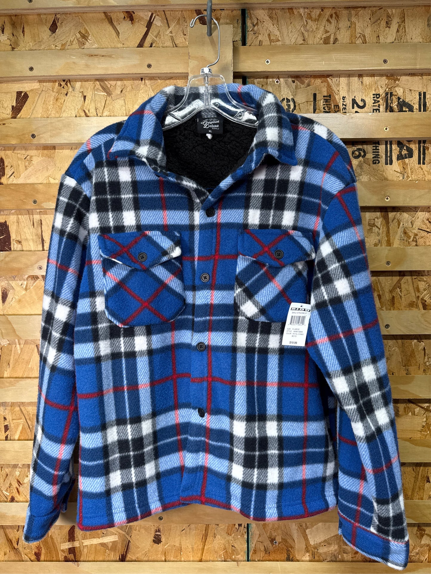 Original Deluxe Boys' Sherpa-Lined Flannel Shirt Jacket - Royal Combo, XL