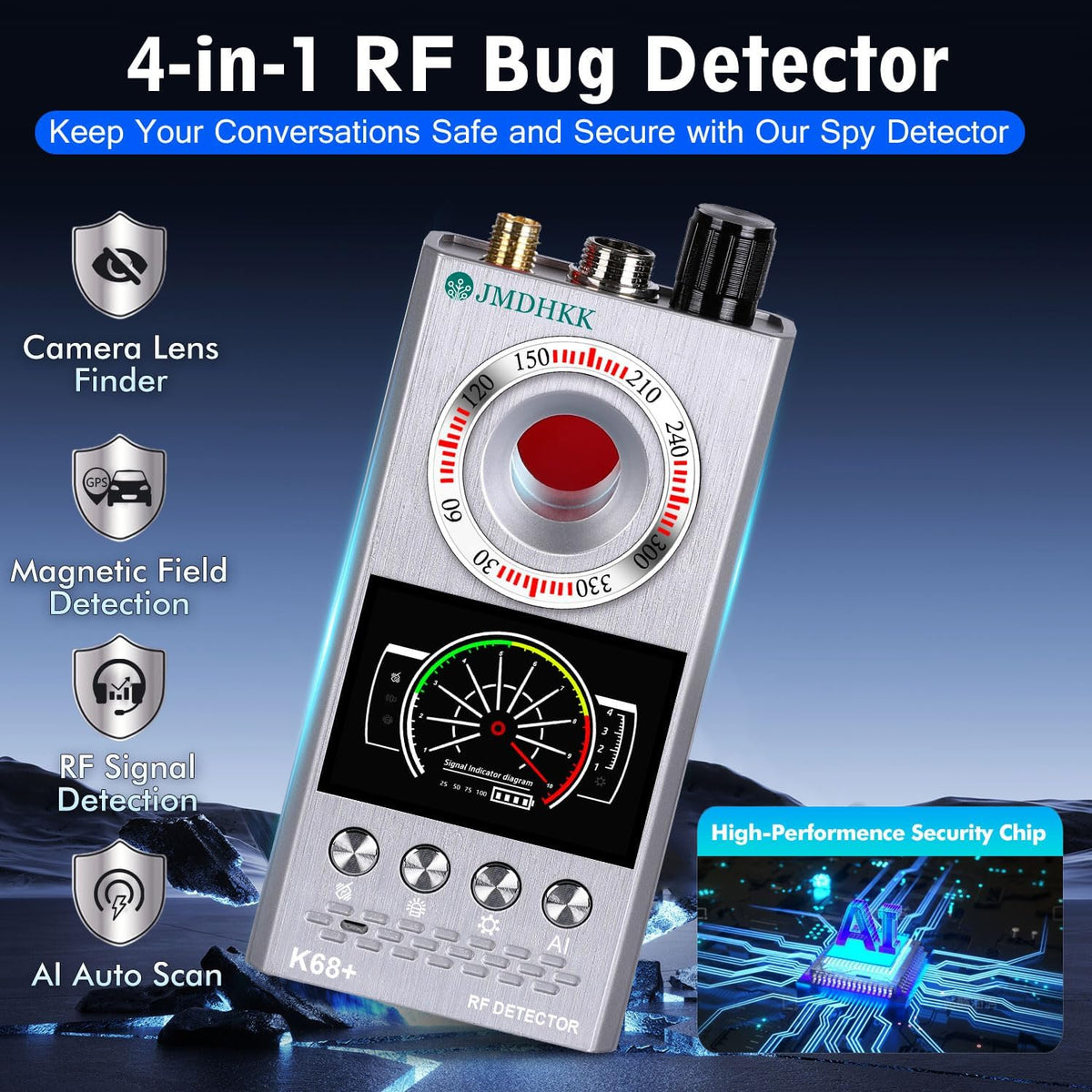JMDHKK K68+ Anti-Spy Hidden Camera and Bug Detector - Silver
