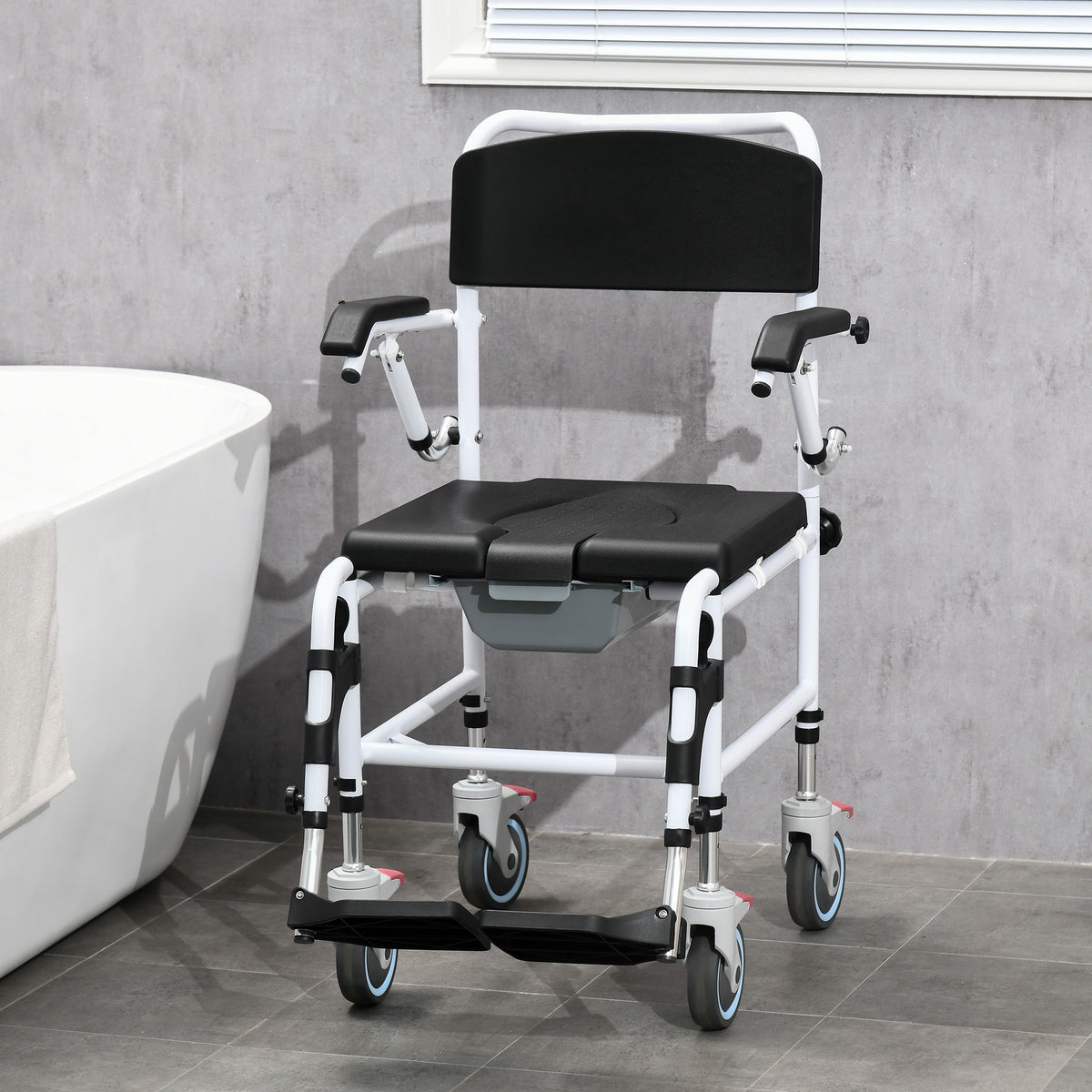 Homcom Rolling Shower Commode Wheelchair with Detachable Bucket