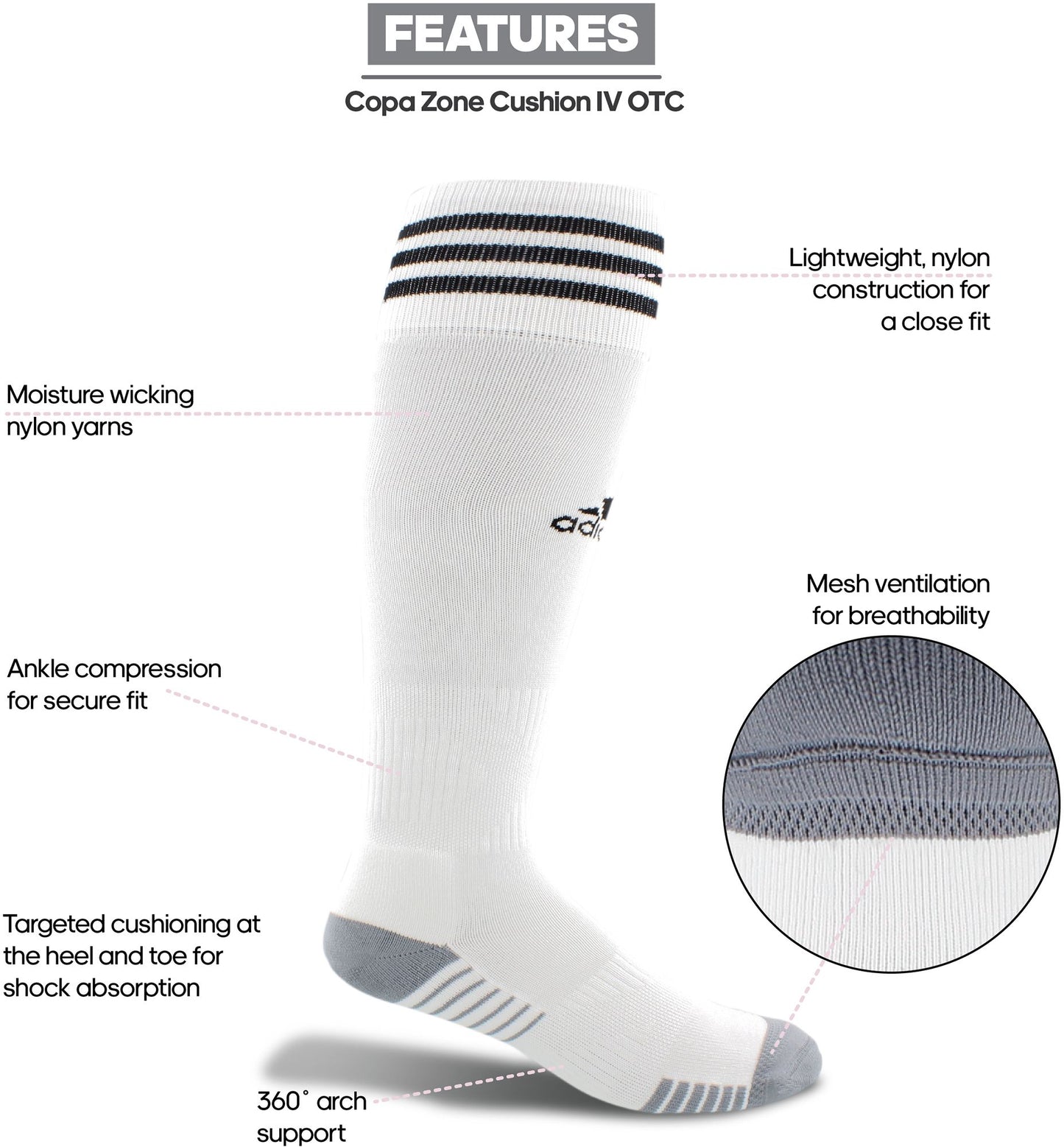 Adidas Copa Zone Cushion IV Over-the-Calf Athletic Socks - Light Grey/White, Small