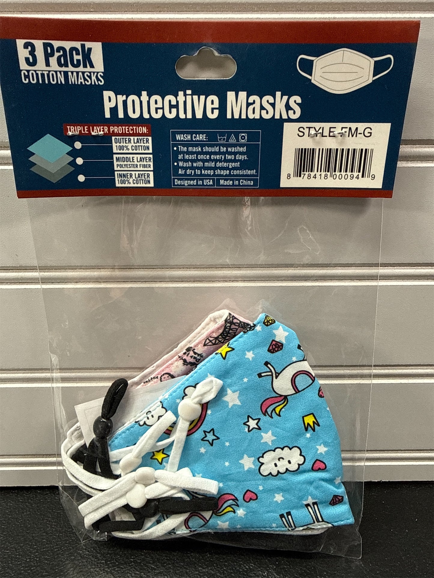 3-Pack Triple-Layer Printed Cotton Face Masks - Adjustable One Size