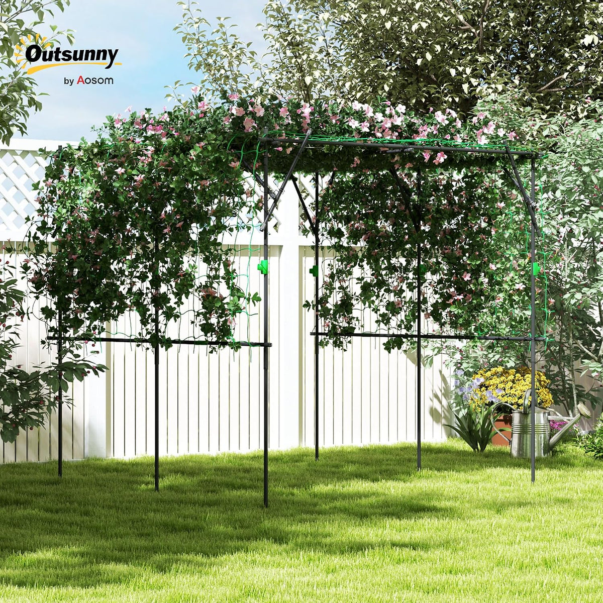 Outsunny 7.3 Ft Garden Arch Trellis, Black Metal Climbing Plant Support with Netting