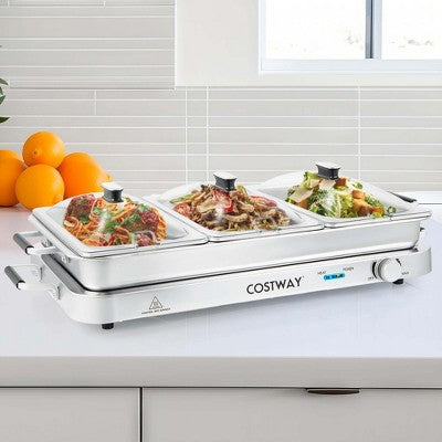 Costway 450W Stainless Steel 3-Section Buffet Server & Electric Warming Tray