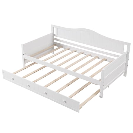 Costway Twin Size Solid Wood Daybed with Pull-Out Trundle - White