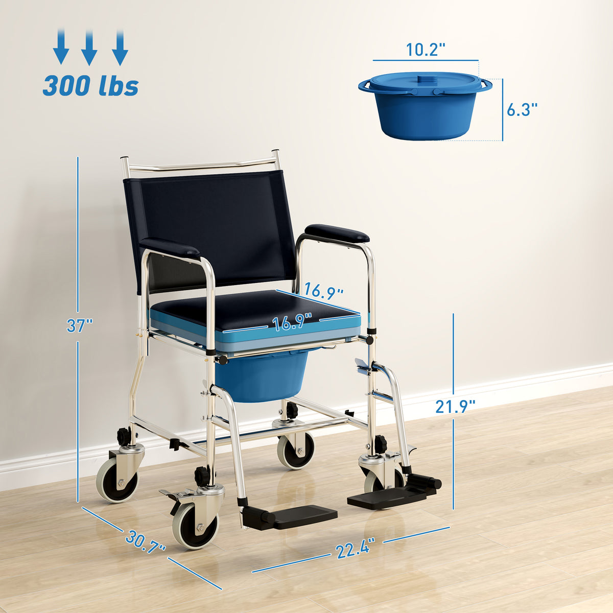 Homcom Rolling Shower Chair and Bedside Commode Wheelchair with Locking Wheels - Black