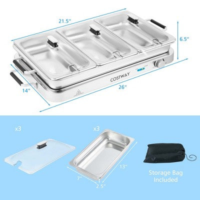 Costway 450W Stainless Steel 3-Section Buffet Server & Electric Warming Tray