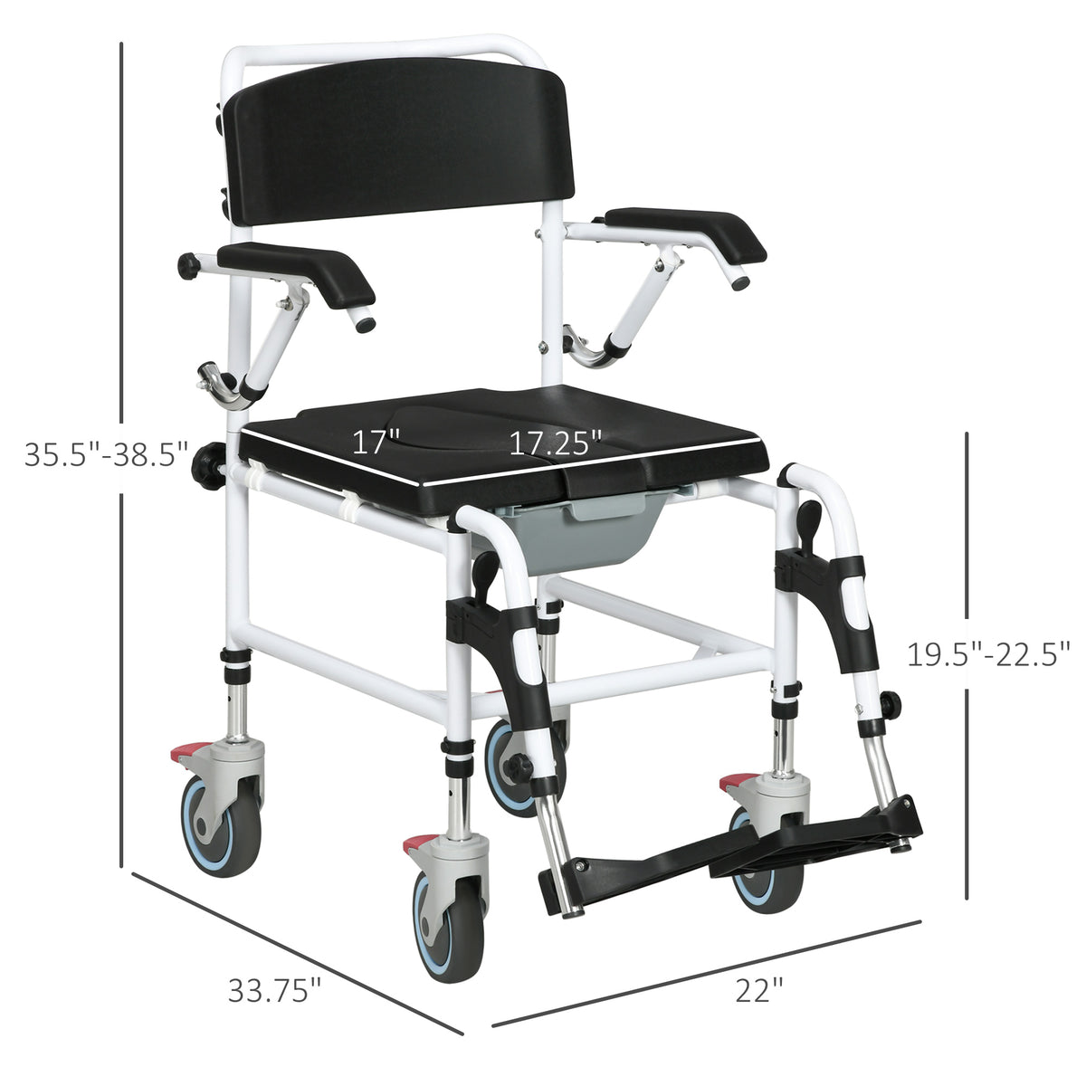 Homcom Rolling Shower Commode Wheelchair with Detachable Bucket