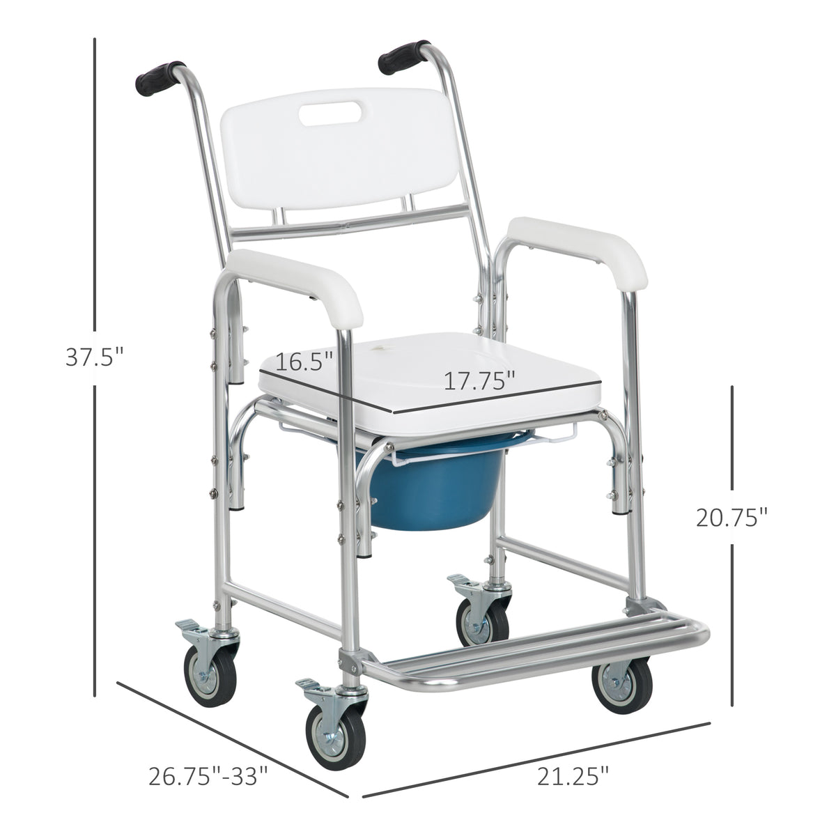 HOMCOM 3-in-1 Mobile Shower Commode Wheelchair with Removable Bucket