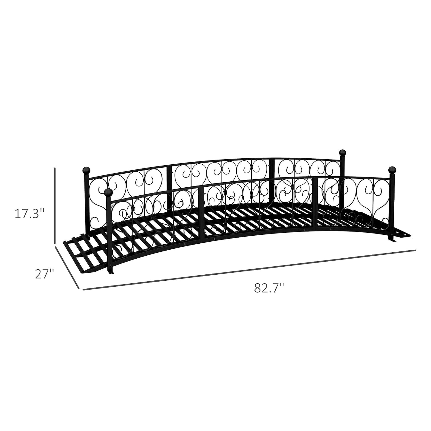 7' Metal Garden Bridge with Decorative Scrollwork and Safety Rails, Black