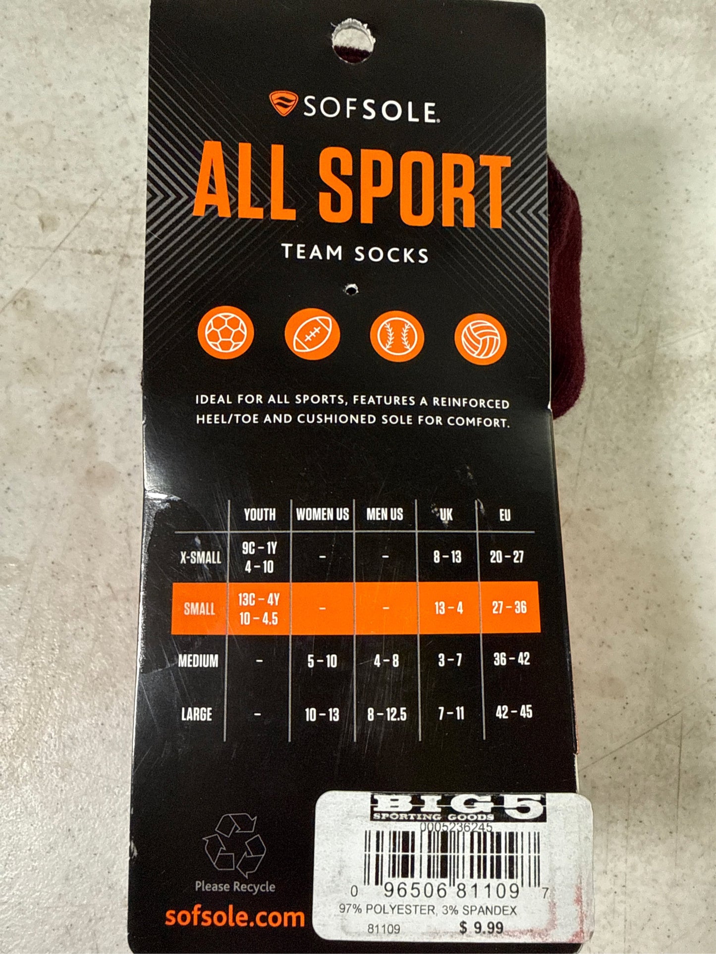 Sof Sole All-Sport Youth Team Athletic Socks - 2 Pack, Maroon, Size Small