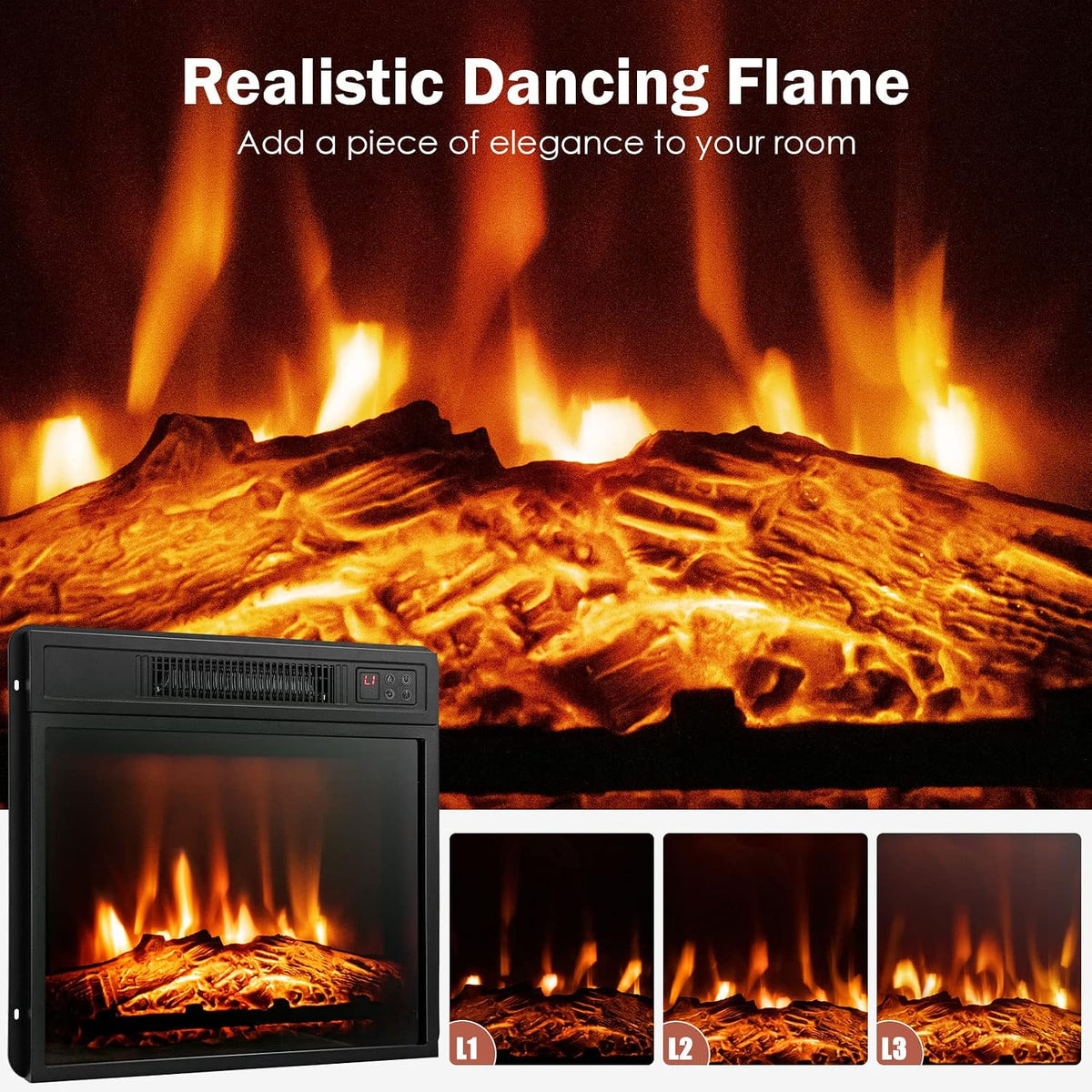 ORALNER 18" Electric Fireplace Insert Heater, 1400W - Black