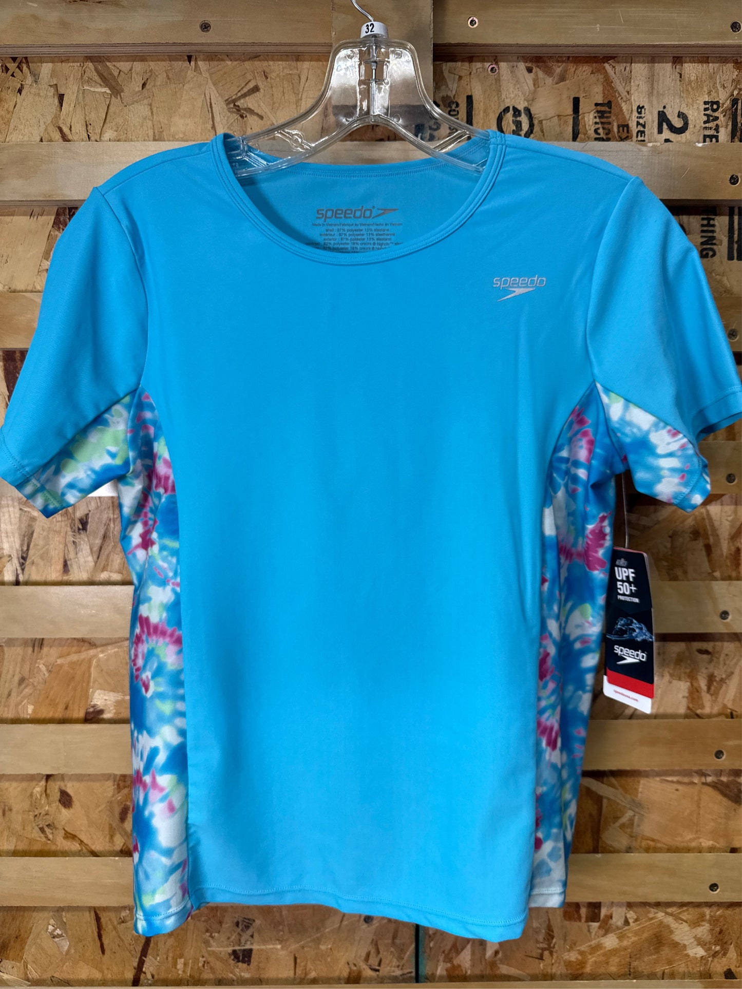 Speedo Little Kids' Printed Splice Short Sleeve Rash Guard - Blue Atoll, XL