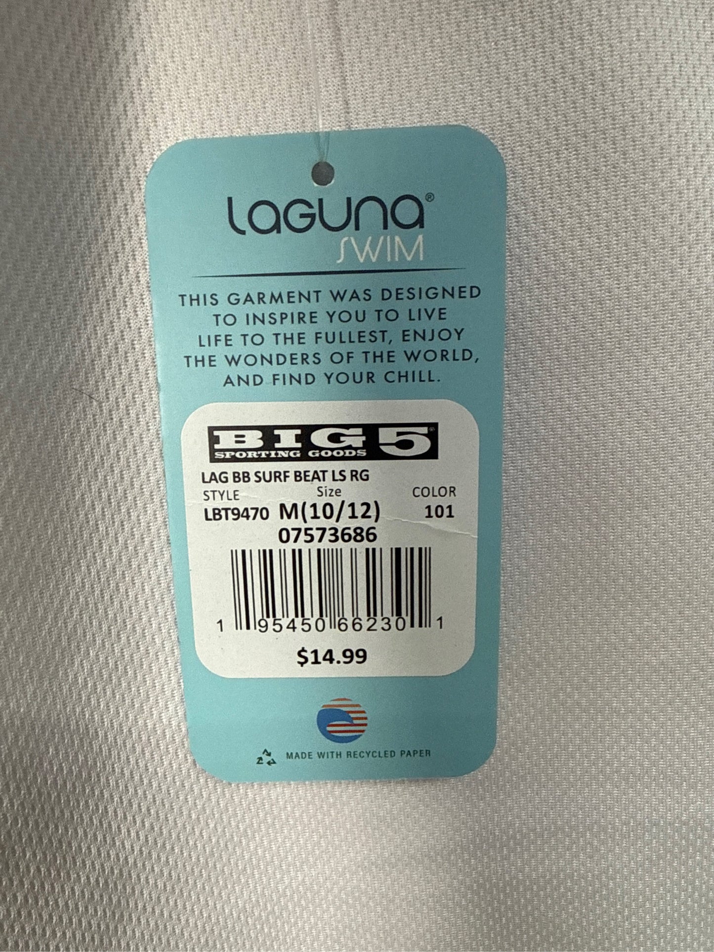 Laguna Boys' Surf Beat Long-Sleeve Rash Guard Swim Tee - White/Blue, Size M (10/12)